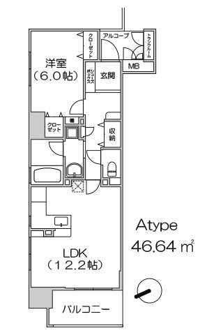 アーデン上本町 Atype 1LDK+WIC 46.64㎡