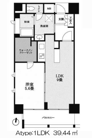 アクア阿波座 Atype 1LDK+ウォークインクローゼット 39.44㎡の間取図