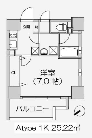 クレイドル四天王寺 Atype 1K 25.22㎡