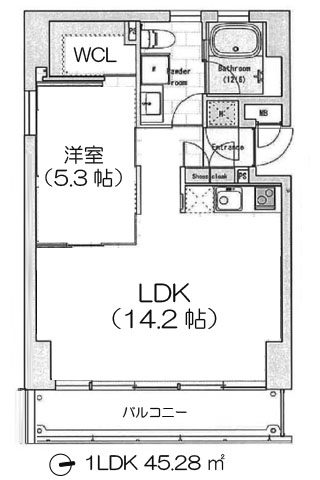 オ・ミルズ靭パーク 1LDK+ウォークインクローゼット 45.28㎡