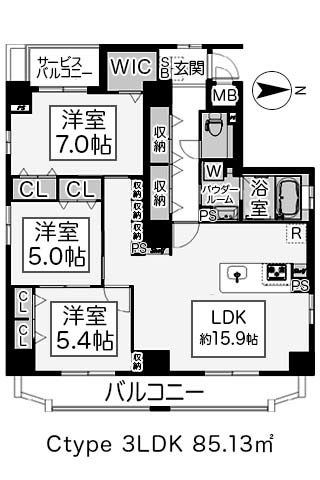 ブルグ真田山 3LDK+ウォークインクローゼット 85.13㎡