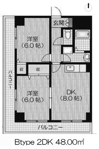 鵲森之宮ハイツ Btype 2DK 48.00㎡