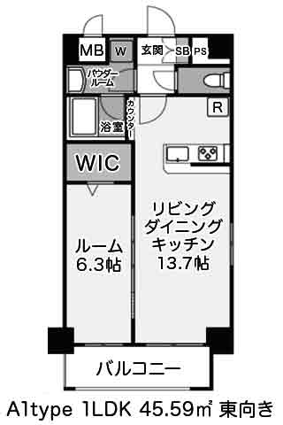プラシード新町 A1type 1LDK+ウォークインクローゼット 45.59㎡