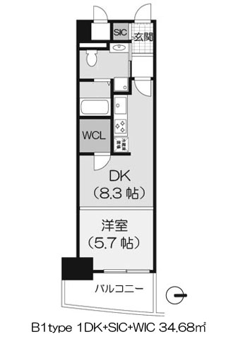 ノステルコート夕陽丘 B1type 1DK+シューズインクローク+ウォークインクローゼット 34.68㎡