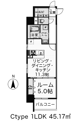 ルボワ天満橋 Ctype 1LDK+シューズインクローク 45.17㎡