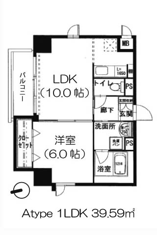 プライマリィK Atype 1LDK 39.59㎡の間取り図