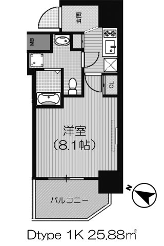 エグゼ堺筋本町 Dtype 1K 25.88㎡