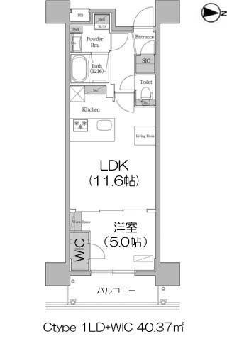アーバネックス梅田中崎町 Ctype 1LDK+WIC 40.37㎡の間取図