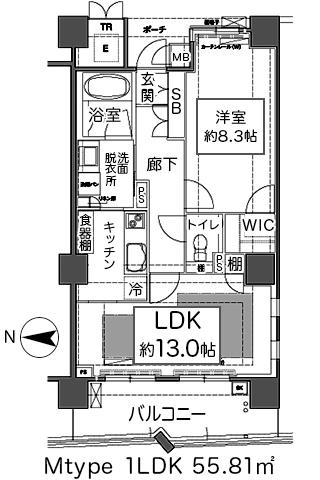 ロイヤルパークス桃坂 Mtype 1LDK 55.81㎡の間取図