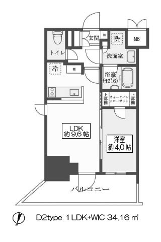 クレストコート靭公園ザ・クラス D2type 1LDK+WIC 34.16㎡