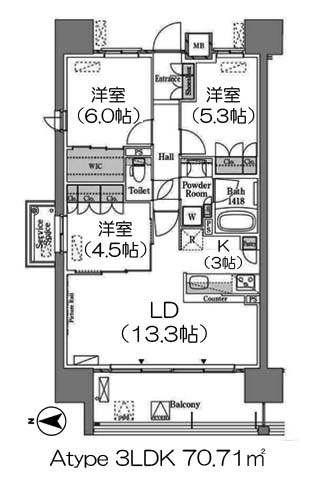 アーバンドルフ天満 Atype 3LDK 70.71㎡